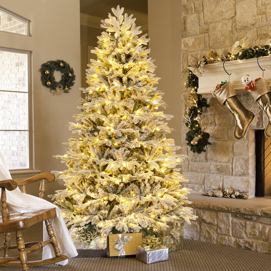 4.5/6/7 FT Artificial Pre-Lit Christmas Tree Hinged Xmas Tree with Warm White LED lights-7 ft, White - Gallery Canada