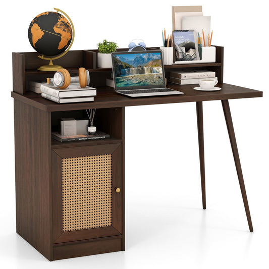 48 Inch Computer Desk with Hutch and PE Rattan Cabinet Shelves, Walnut