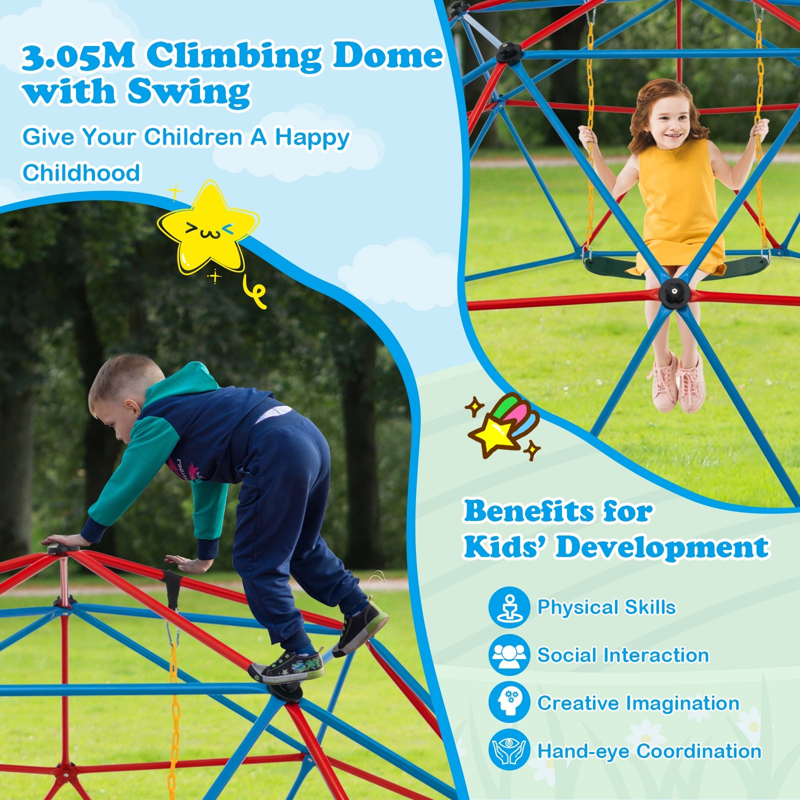 10 Feet Dome Climber with Swing and 800 Lbs Load Capacity, Red Climbers & Slides at Gallery Canada