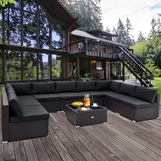 10 Piece Outdoor Wicker Conversation Set, Black Patio Conversation Sets Black at Gallery Canada