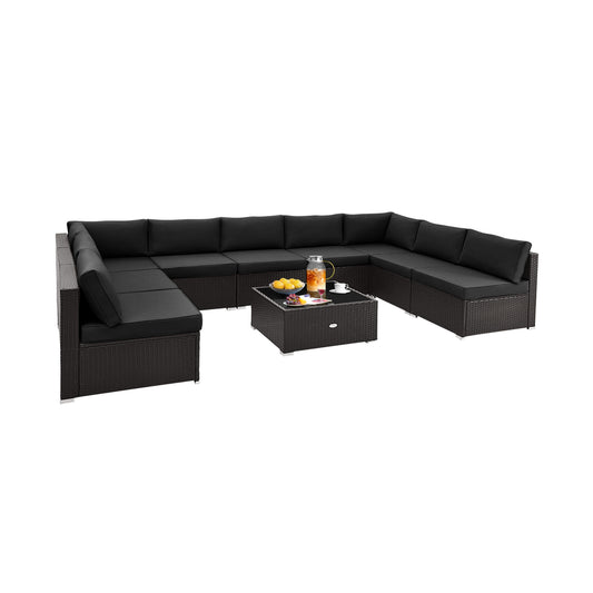 10 Piece Outdoor Wicker Conversation Set, Black Patio Conversation Sets Black at Gallery Canada