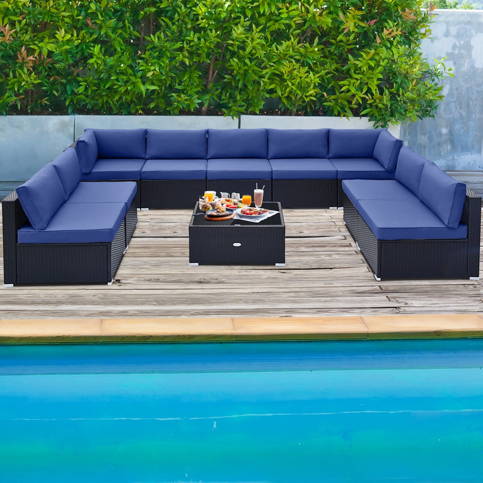 10 Piece Outdoor Wicker Conversation Set with Seat and Back Cushions, Navy Patio Conversation Sets at Gallery Canada