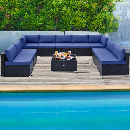 10 Piece Outdoor Wicker Conversation Set with Seat and Back Cushions, Navy Patio Conversation Sets at Gallery Canada