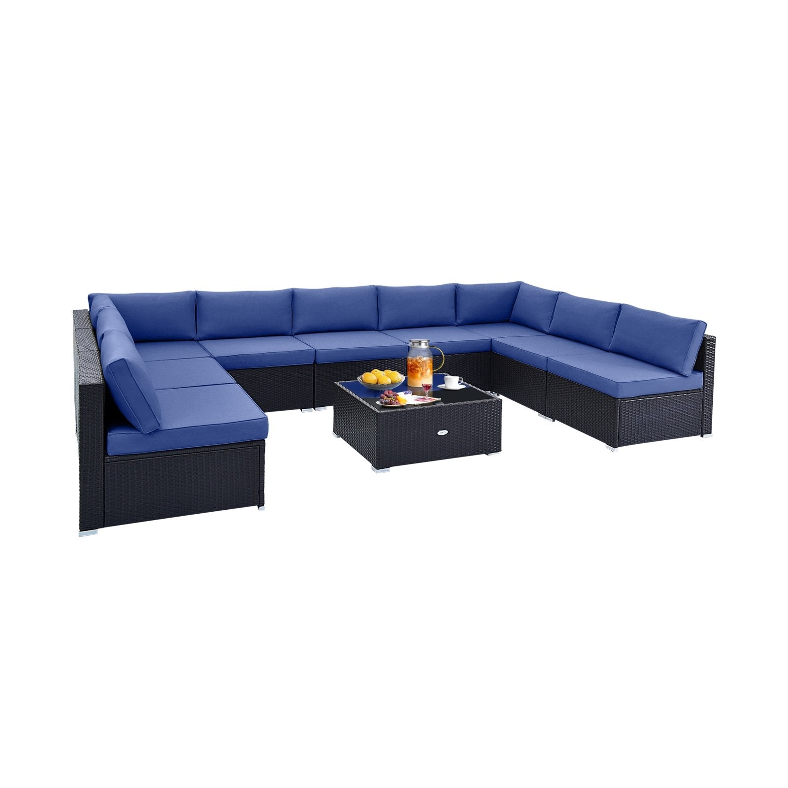 10 Piece Outdoor Wicker Conversation Set with Seat and Back Cushions, Navy Patio Conversation Sets at Gallery Canada
