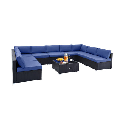 10 Piece Outdoor Wicker Conversation Set with Seat and Back Cushions, Navy Patio Conversation Sets at Gallery Canada