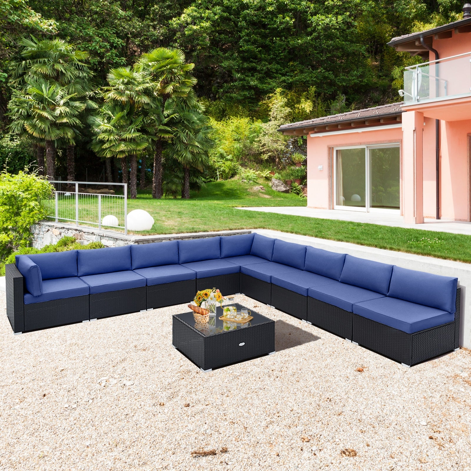 10 Piece Outdoor Wicker Conversation Set with Seat and Back Cushions, Navy Patio Conversation Sets at Gallery Canada