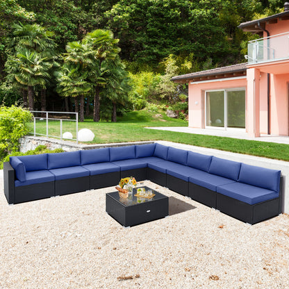 10 Piece Outdoor Wicker Conversation Set with Seat and Back Cushions, Navy Patio Conversation Sets at Gallery Canada