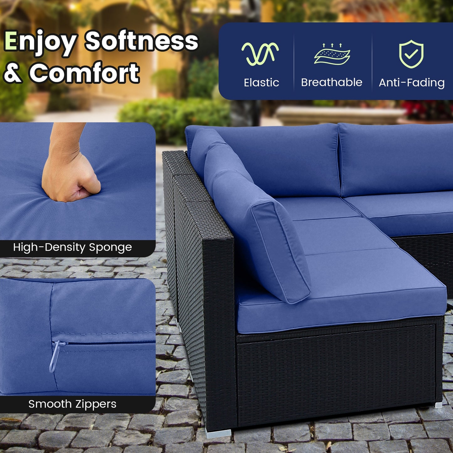 10 Piece Outdoor Wicker Conversation Set with Seat and Back Cushions, Navy Patio Conversation Sets at Gallery Canada