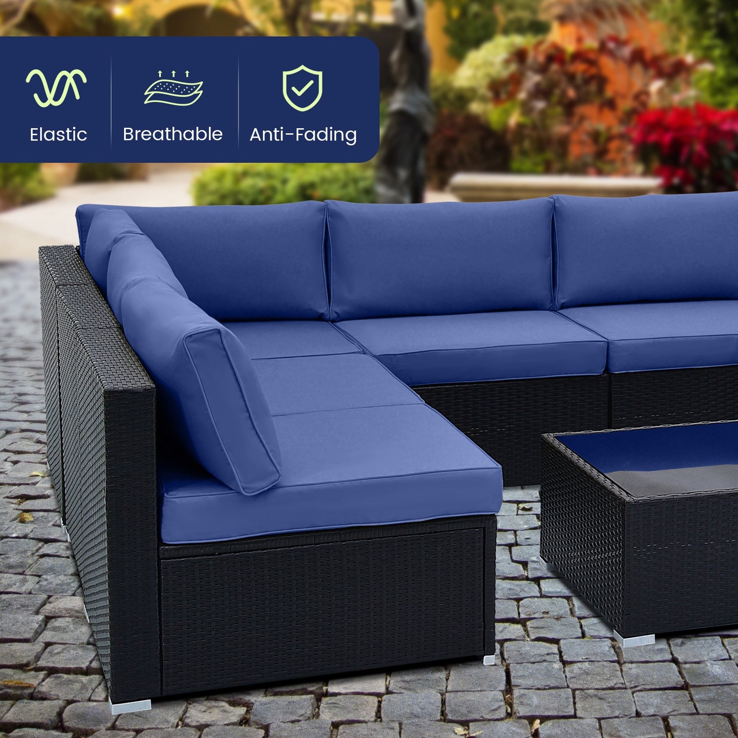 10 Piece Outdoor Wicker Conversation Set with Seat and Back Cushions, Navy Patio Conversation Sets at Gallery Canada