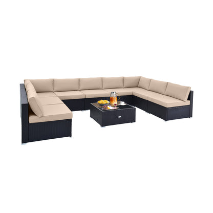 10 Piece Outdoor Wicker Conversation Set with Seat and Back Cushions, Beige Patio Conversation Sets Beige at Gallery Canada