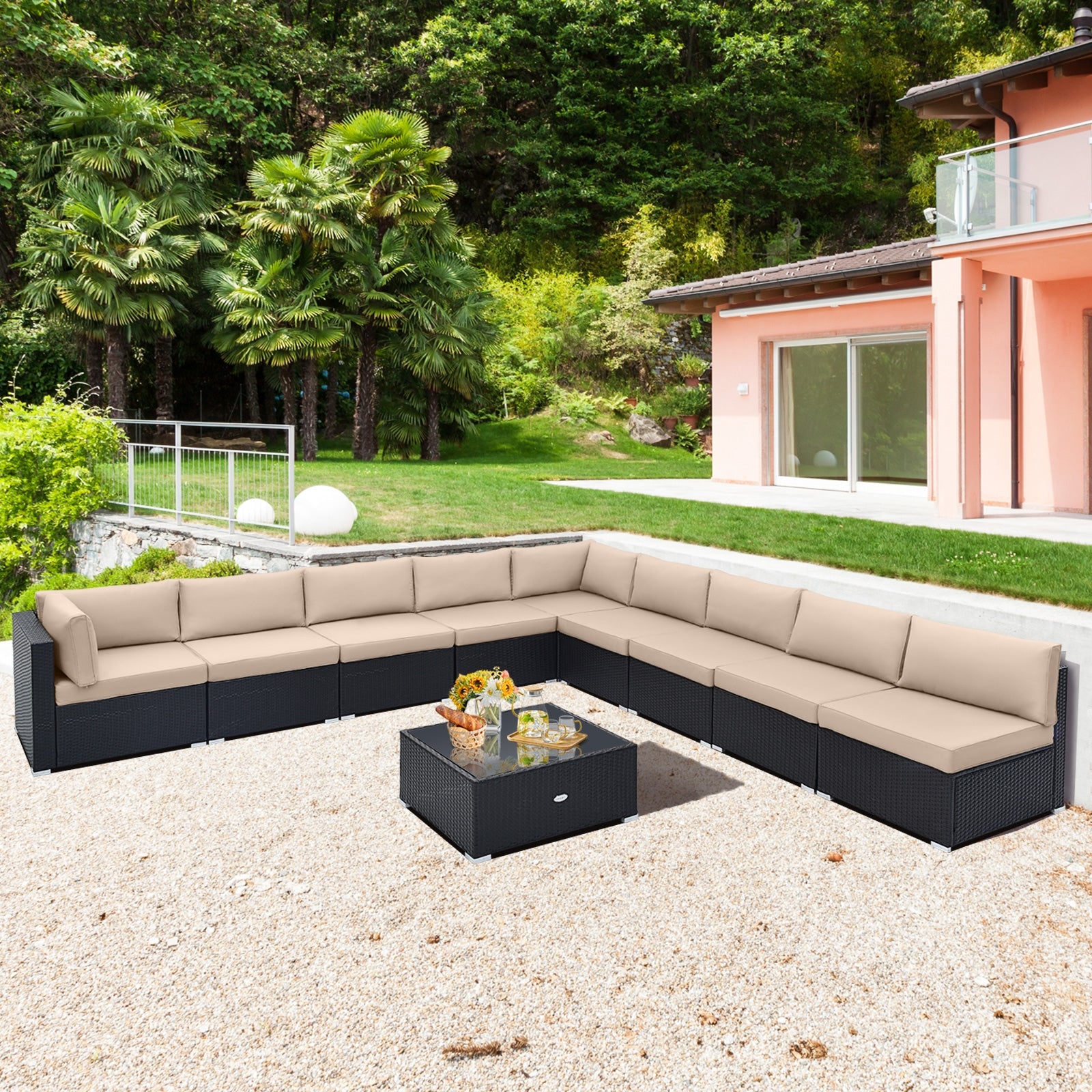10 Piece Outdoor Wicker Conversation Set with Seat and Back Cushions, Beige Patio Conversation Sets at Gallery Canada
