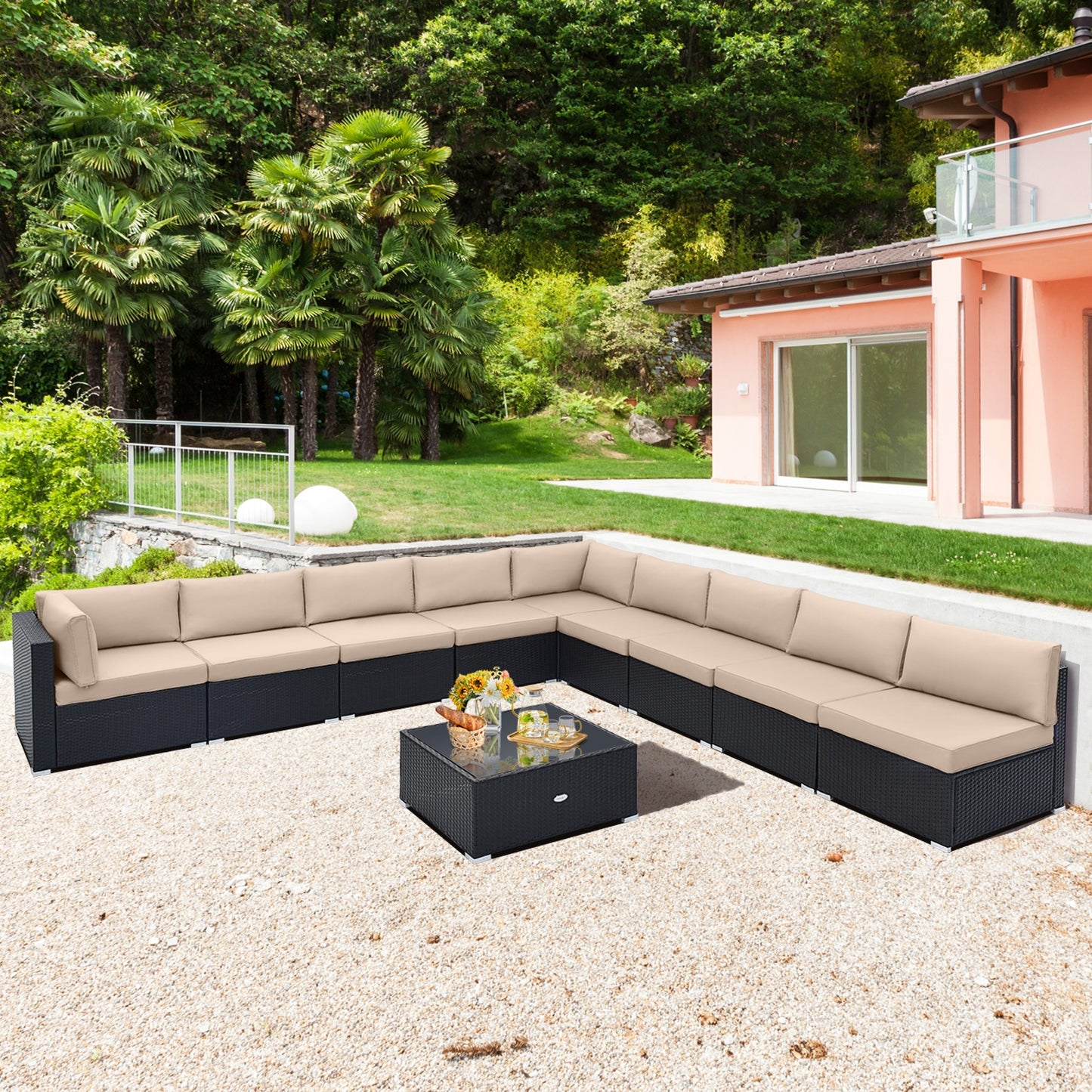 10 Piece Outdoor Wicker Conversation Set with Seat and Back Cushions, Beige Patio Conversation Sets at Gallery Canada