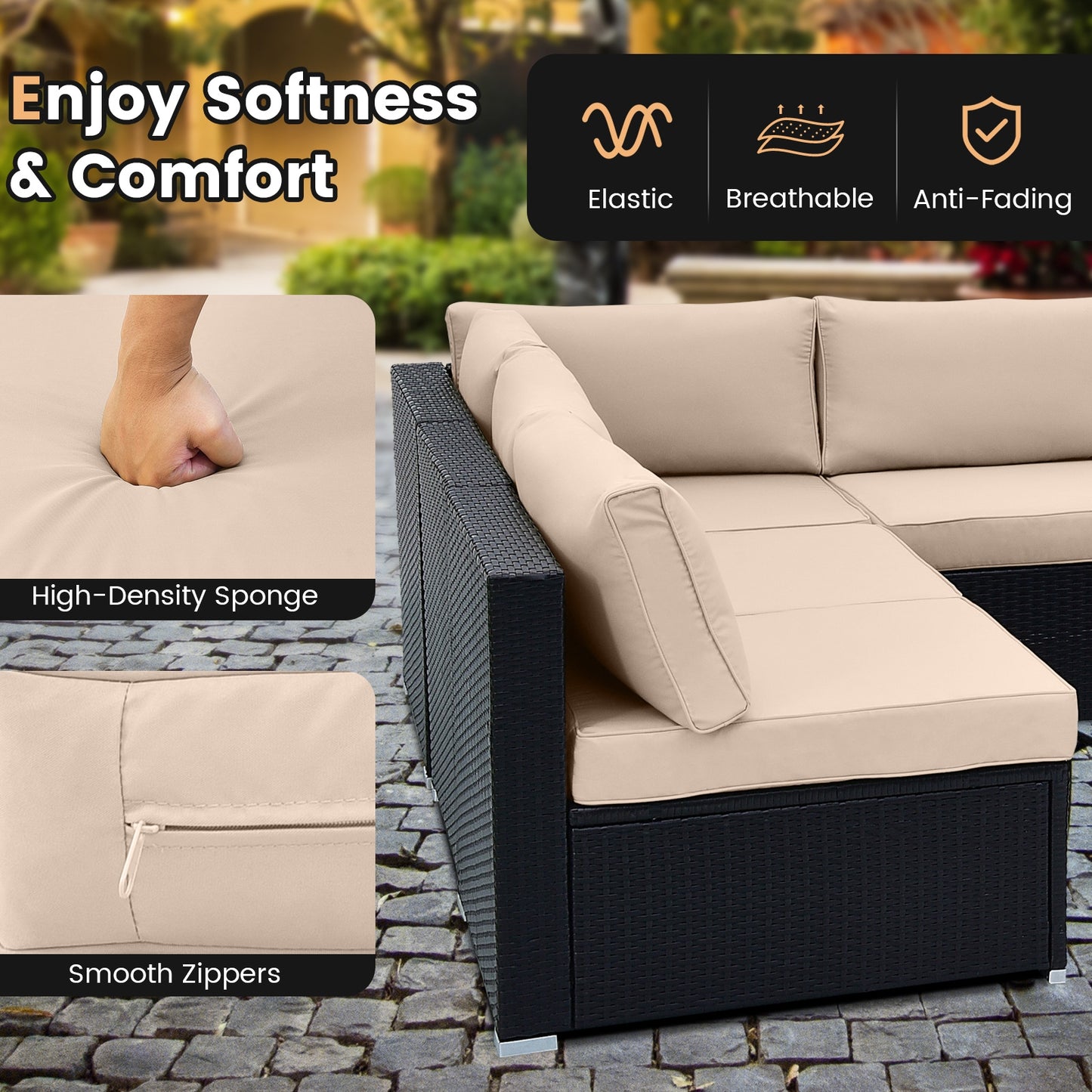 10 Piece Outdoor Wicker Conversation Set with Seat and Back Cushions, Beige Patio Conversation Sets at Gallery Canada