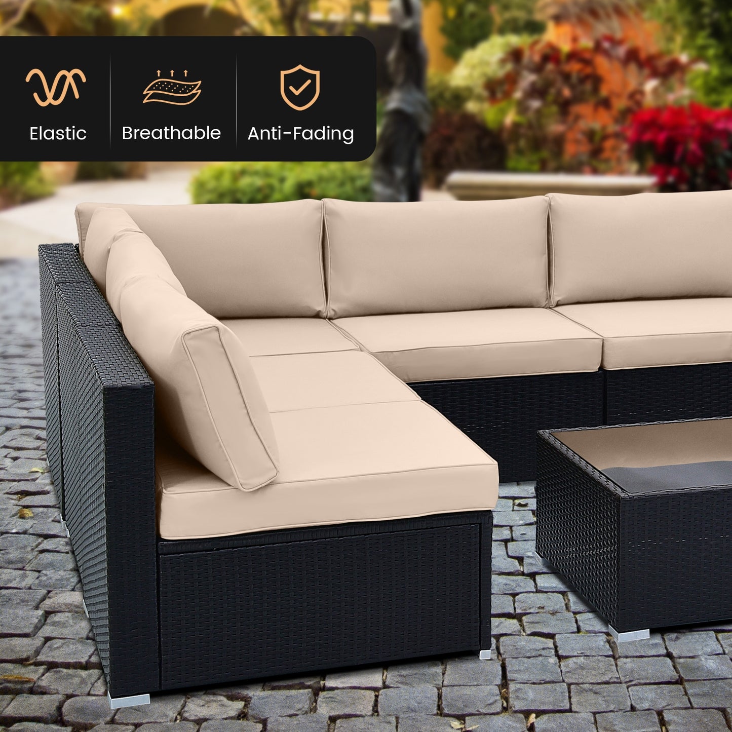 10 Piece Outdoor Wicker Conversation Set with Seat and Back Cushions, Beige Patio Conversation Sets at Gallery Canada