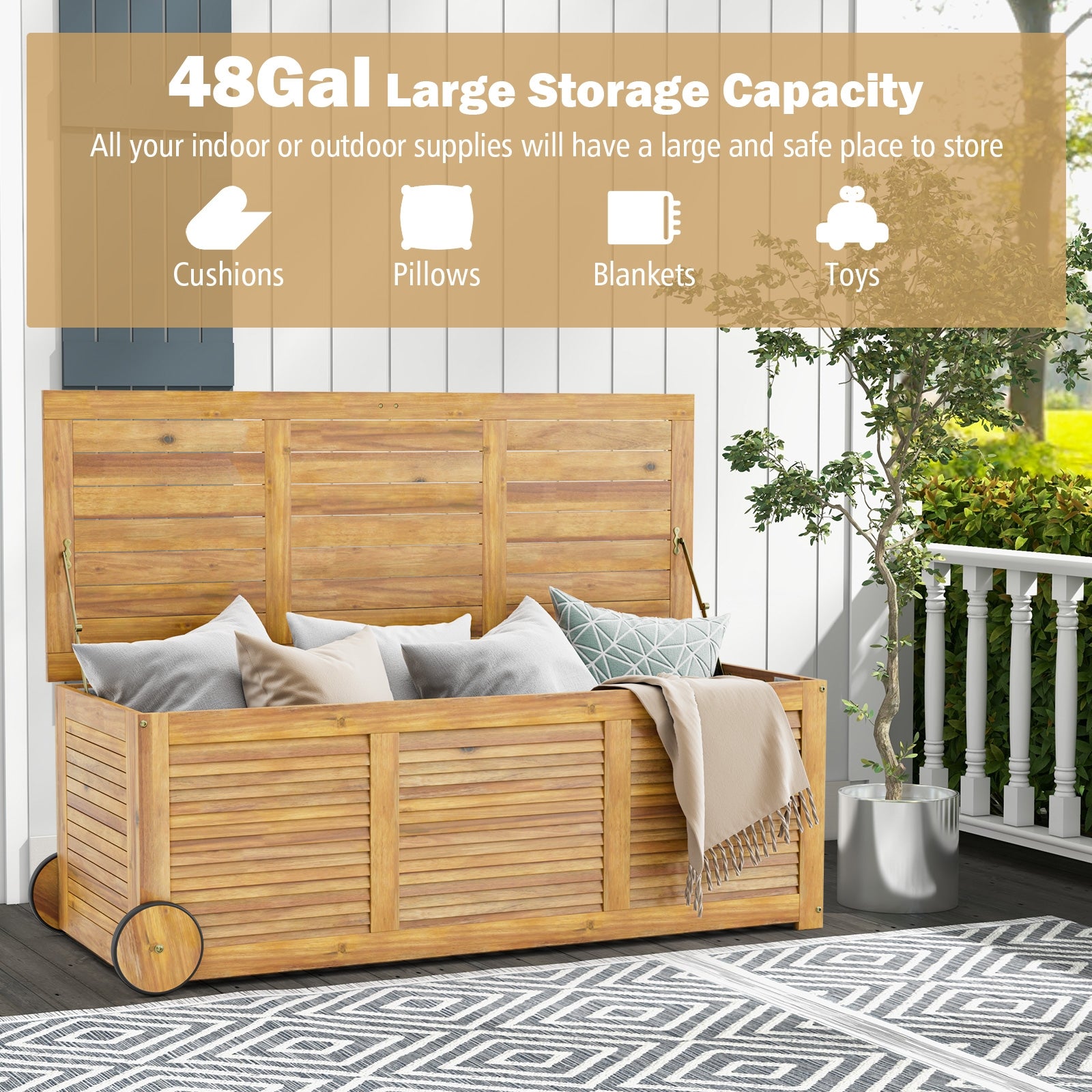 Wooden Deck Box With 2 Wheels, Side Handle, Natural Sheds & Outdoor Storage at Gallery Canada