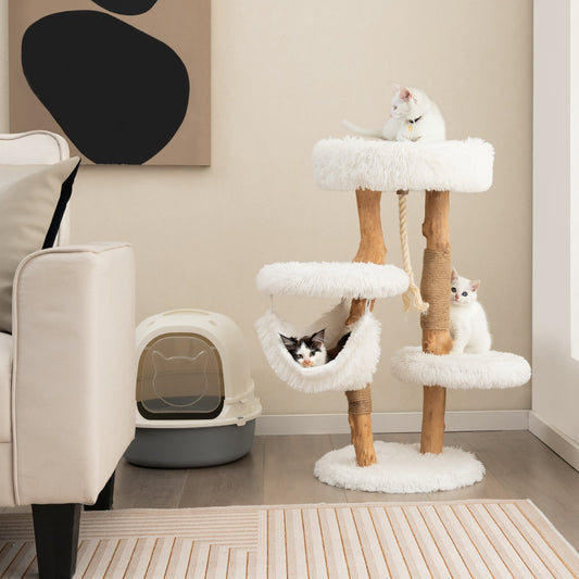 Solid Wood Cat Tower with Jute Scratching Posts and Hanging Rope for Indoor Cats, White - Gallery Canada