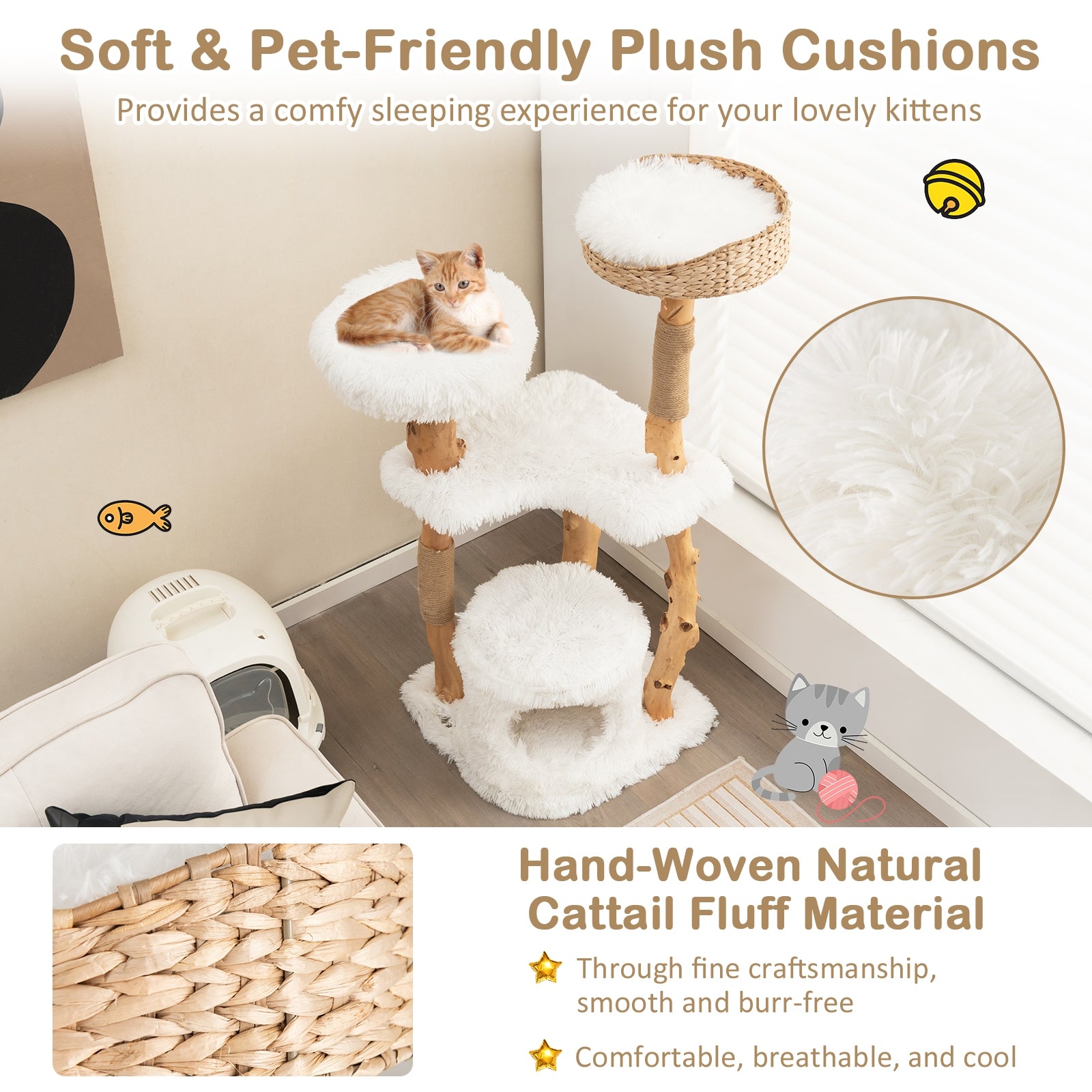Solid Wood Cat Tower with Top Cattail Basket Cat Bed for Indoor Cats, White Cat Trees Condos & Scratchers at Gallery Canada