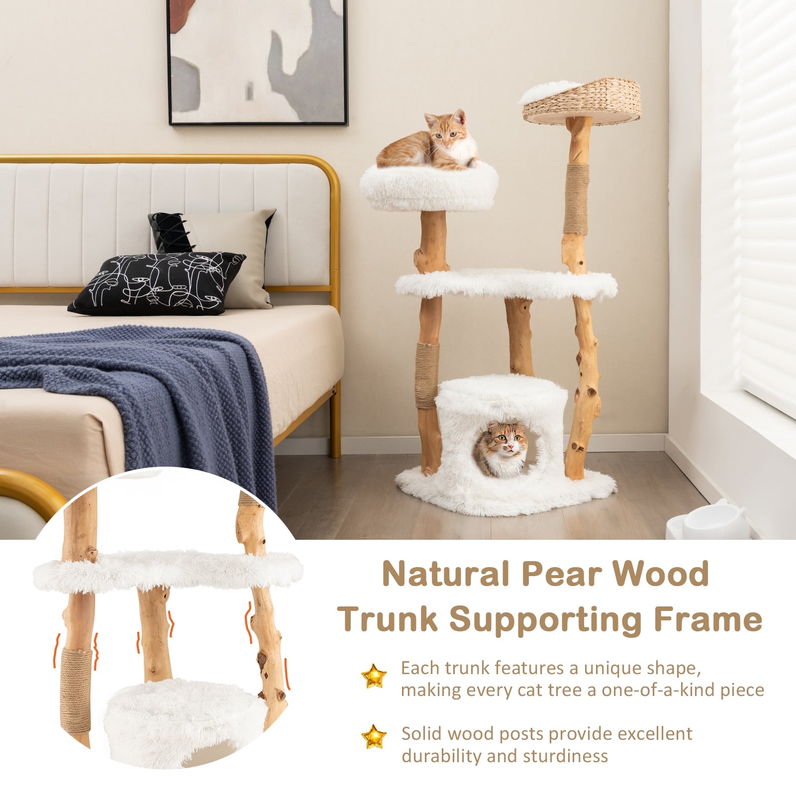 Solid Wood Cat Tower with Top Cattail Basket Cat Bed for Indoor Cats, White Cat Trees Condos & Scratchers at Gallery Canada
