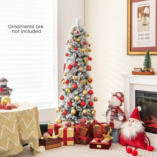4.5/6/7 Feet Christmas Tree with 258 Branch Tips and 100 Incandescent Lights-Flocked and Slim-4.5 ft - Gallery Canada