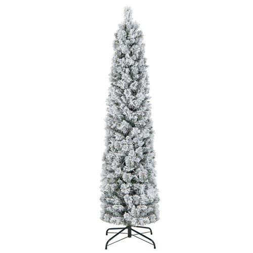 4.5/6/7 Feet Christmas Tree with 258 Branch Tips and 100 Incandescent Lights-Flocked and Slim-6 Feet, White