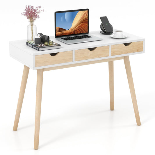 Computer Desk with 3 Drawers and Solid Rubber Wood Legs for Home Office, Natural