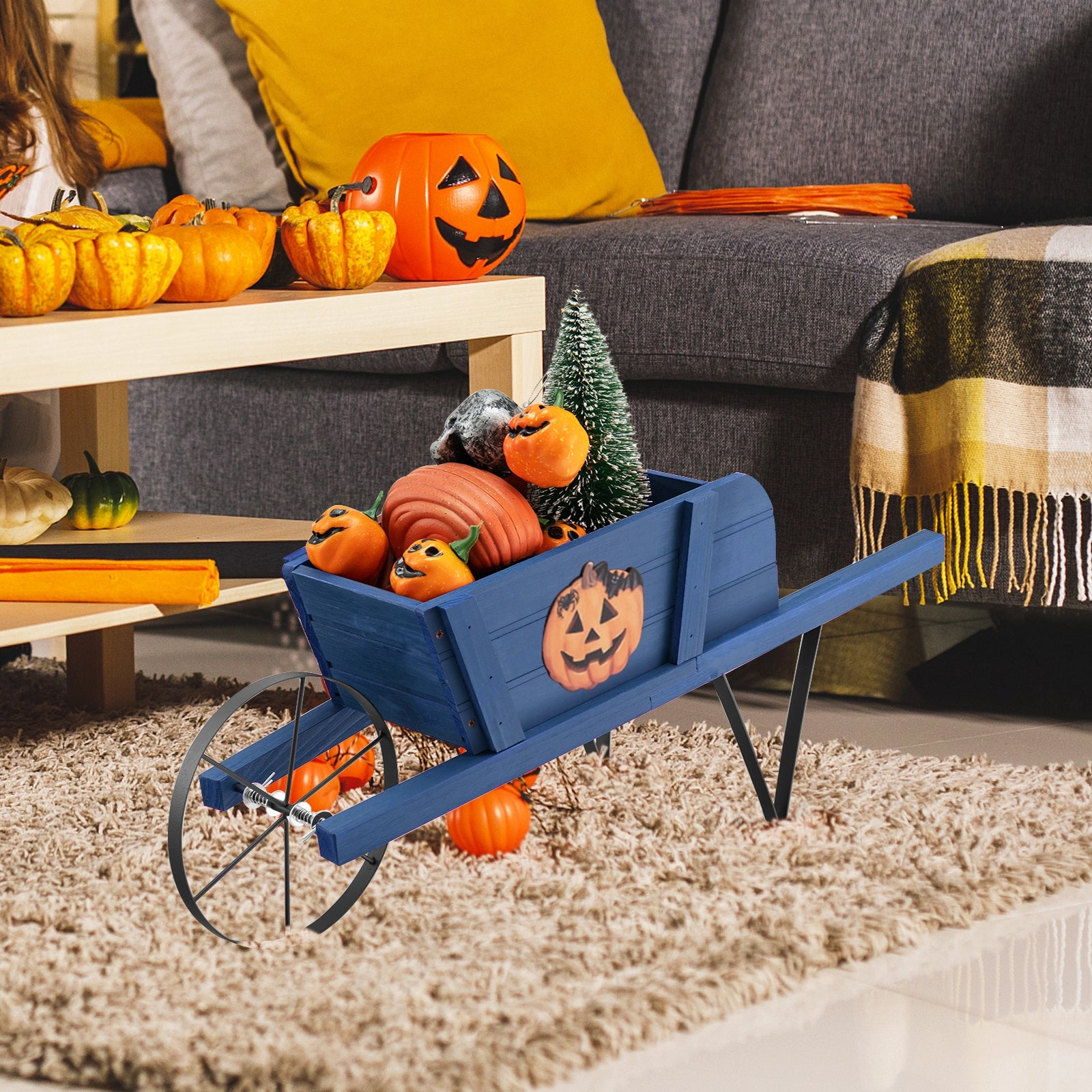 Wooden Wagon Planter with 9 Magnetic Accessories for Garden Yard, Blue Plant Stands at Gallery Canada