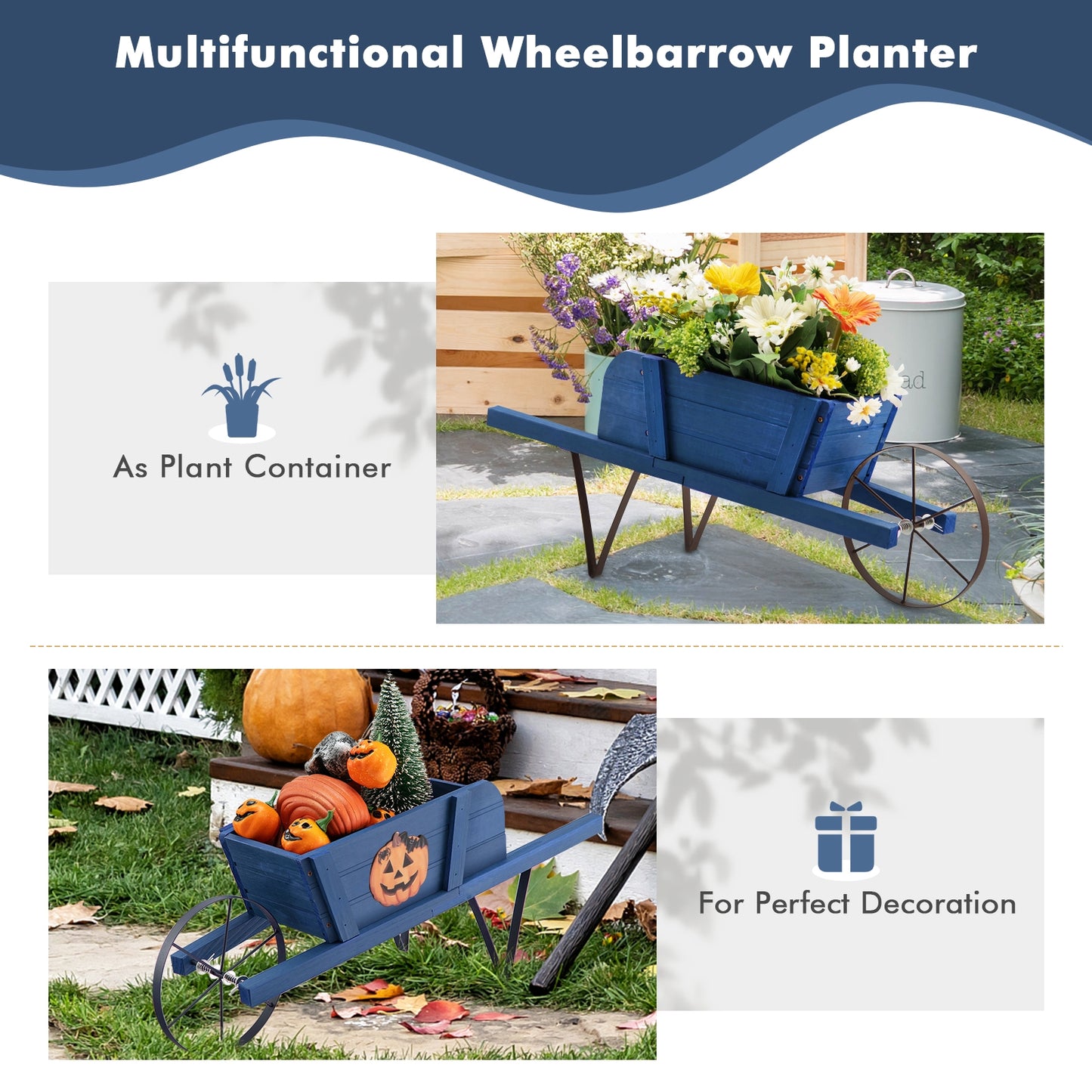 Wooden Wagon Planter with 9 Magnetic Accessories for Garden Yard, Blue Plant Stands at Gallery Canada