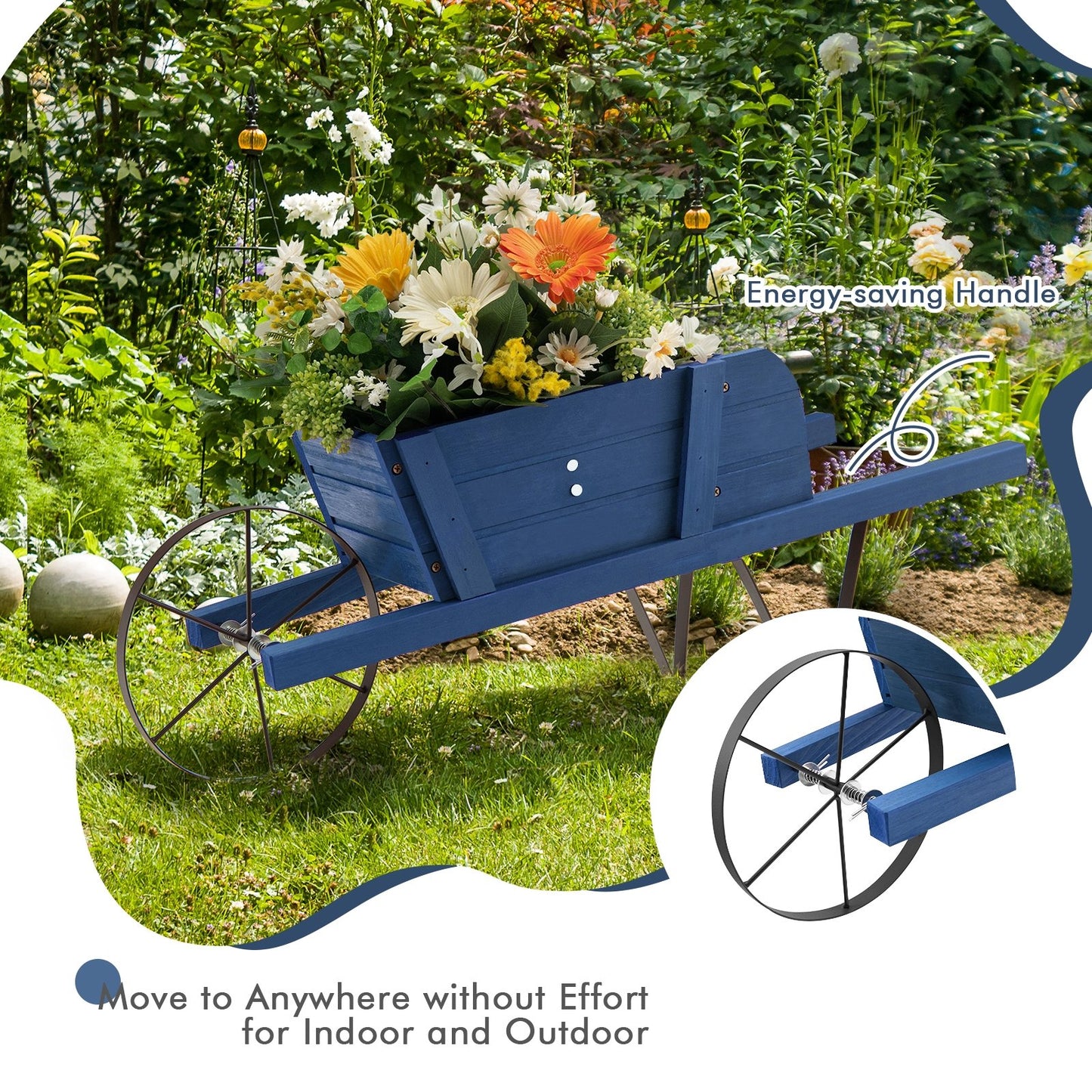Wooden Wagon Planter with 9 Magnetic Accessories for Garden Yard, Blue