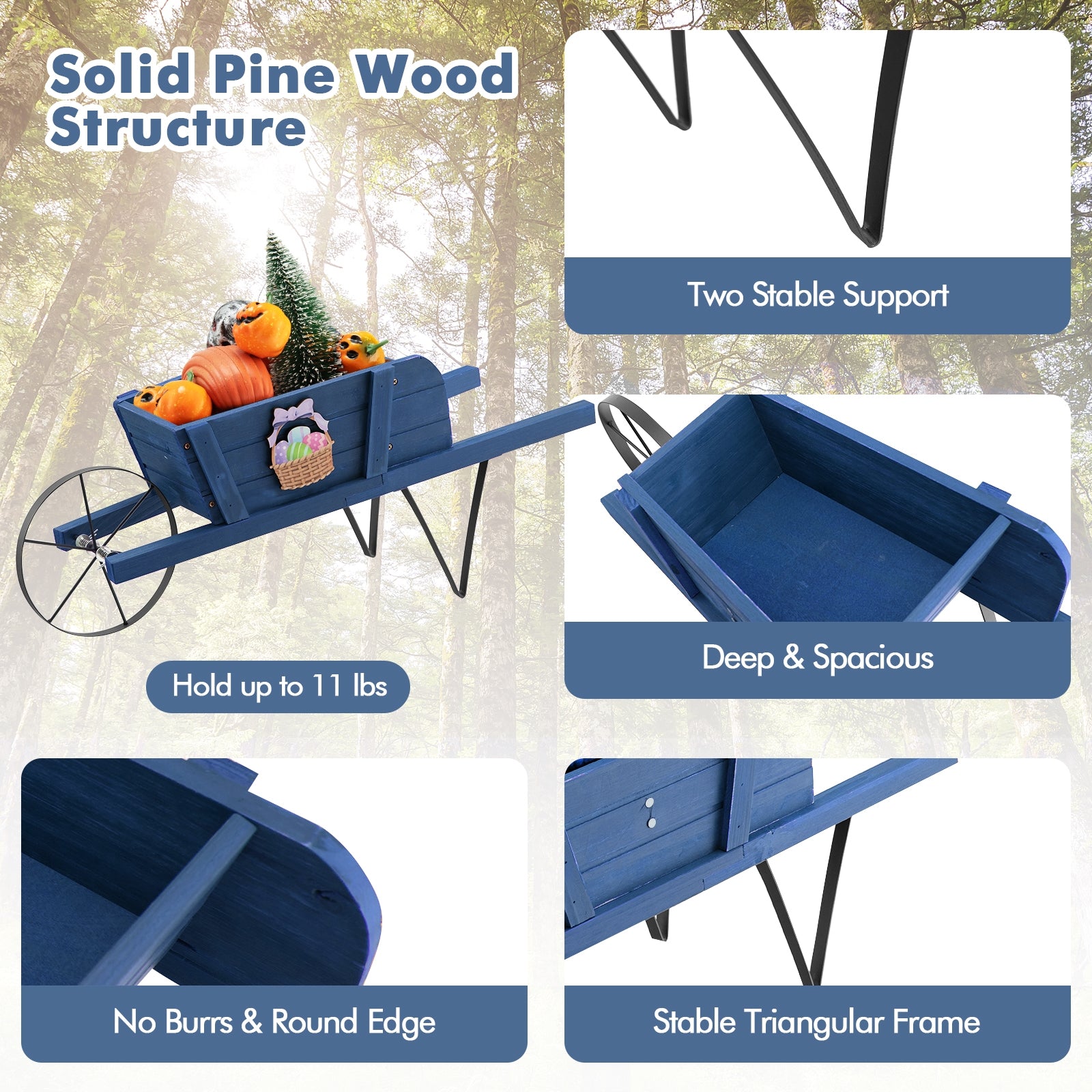 Wooden Wagon Planter with 9 Magnetic Accessories for Garden Yard, Blue Plant Stands at Gallery Canada