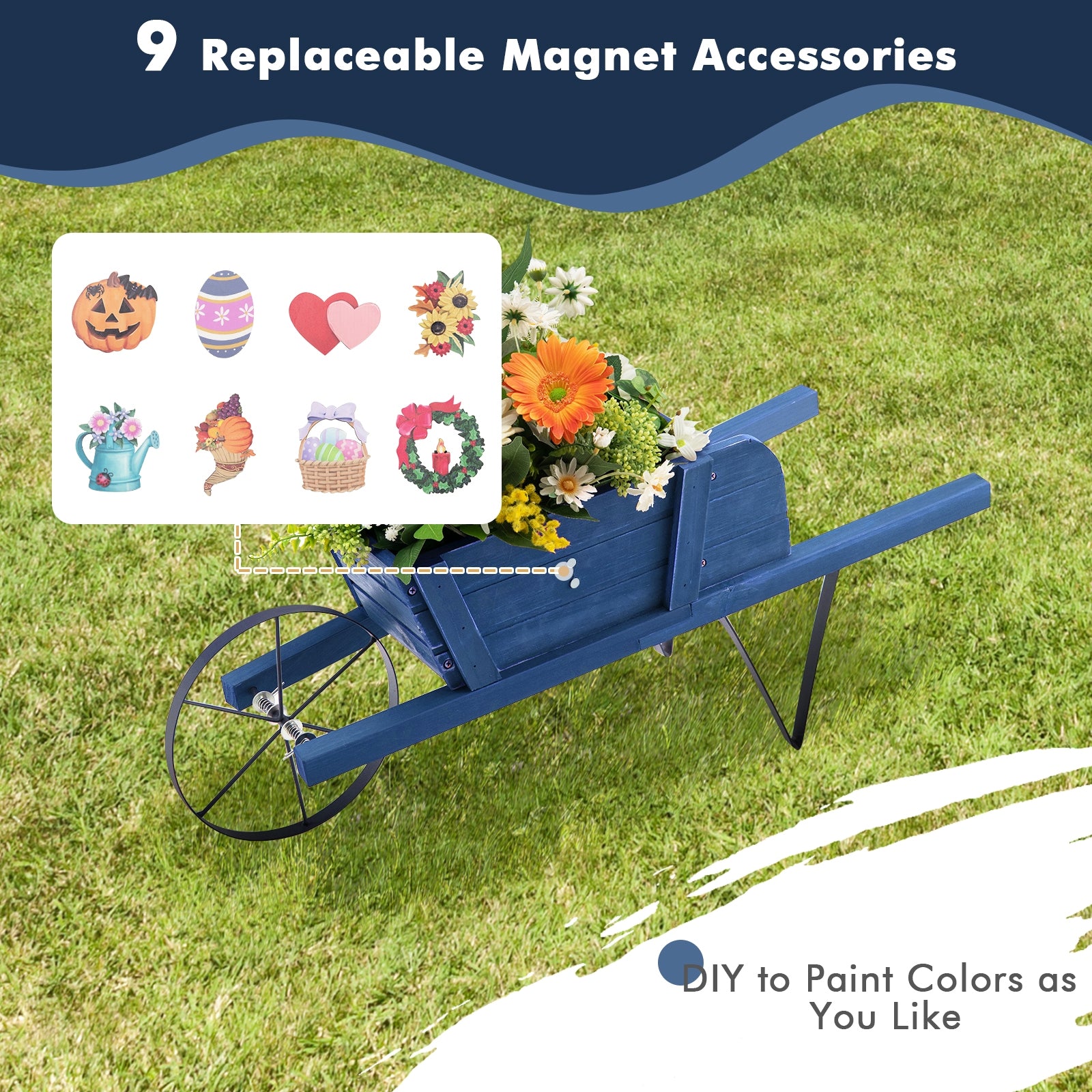 Wooden Wagon Planter with 9 Magnetic Accessories for Garden Yard, Blue Plant Stands at Gallery Canada