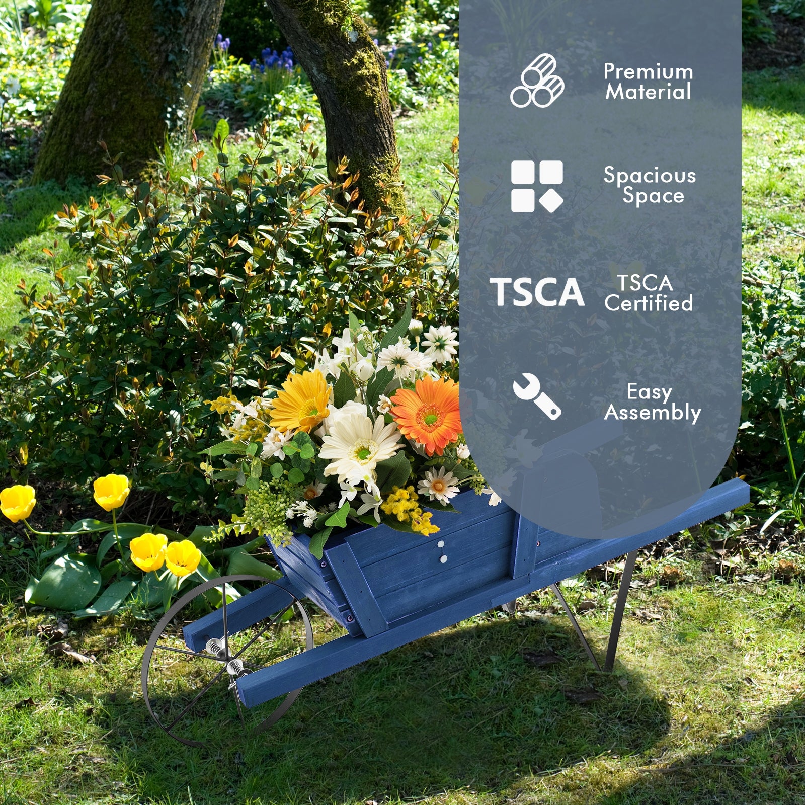 Wooden Wagon Planter with 9 Magnetic Accessories for Garden Yard, Blue Plant Stands at Gallery Canada