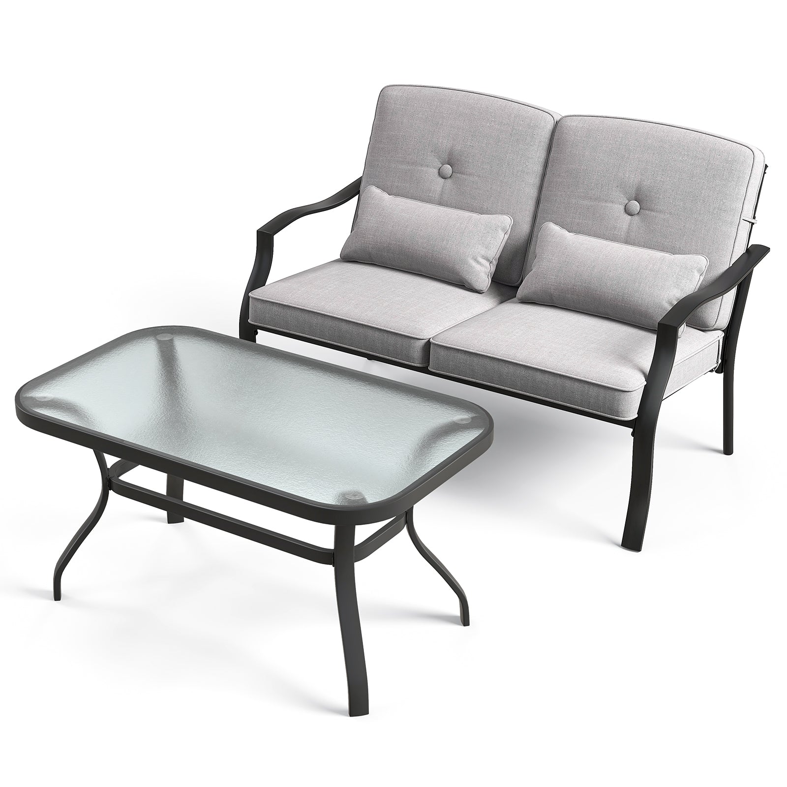 Outdoor Loveseat Chair Set with Tempered Glass Coffee Table, Gray Patio Dining Sets Gray at Gallery Canada
