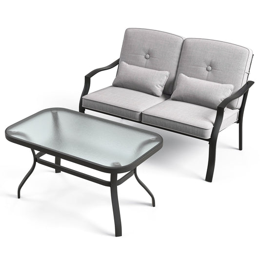 Outdoor Loveseat Chair Set with Tempered Glass Coffee Table, Gray - Gallery Canada