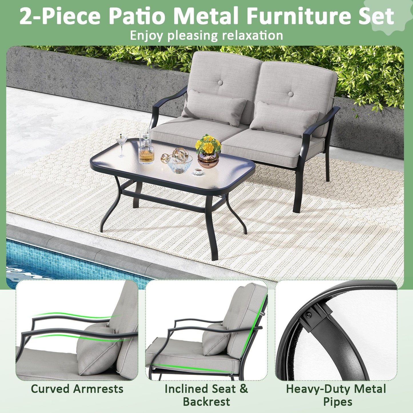 Outdoor Loveseat Chair Set with Tempered Glass Coffee Table, Gray - Gallery Canada