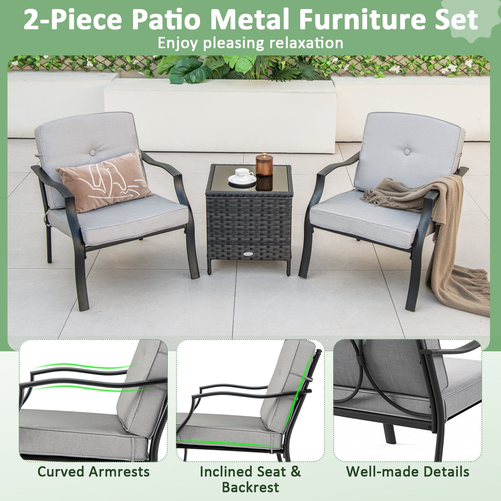 2 Piece Patio Metal Chairs with Seat and Back Cushions, Gray Patio Dining Chairs at Gallery Canada