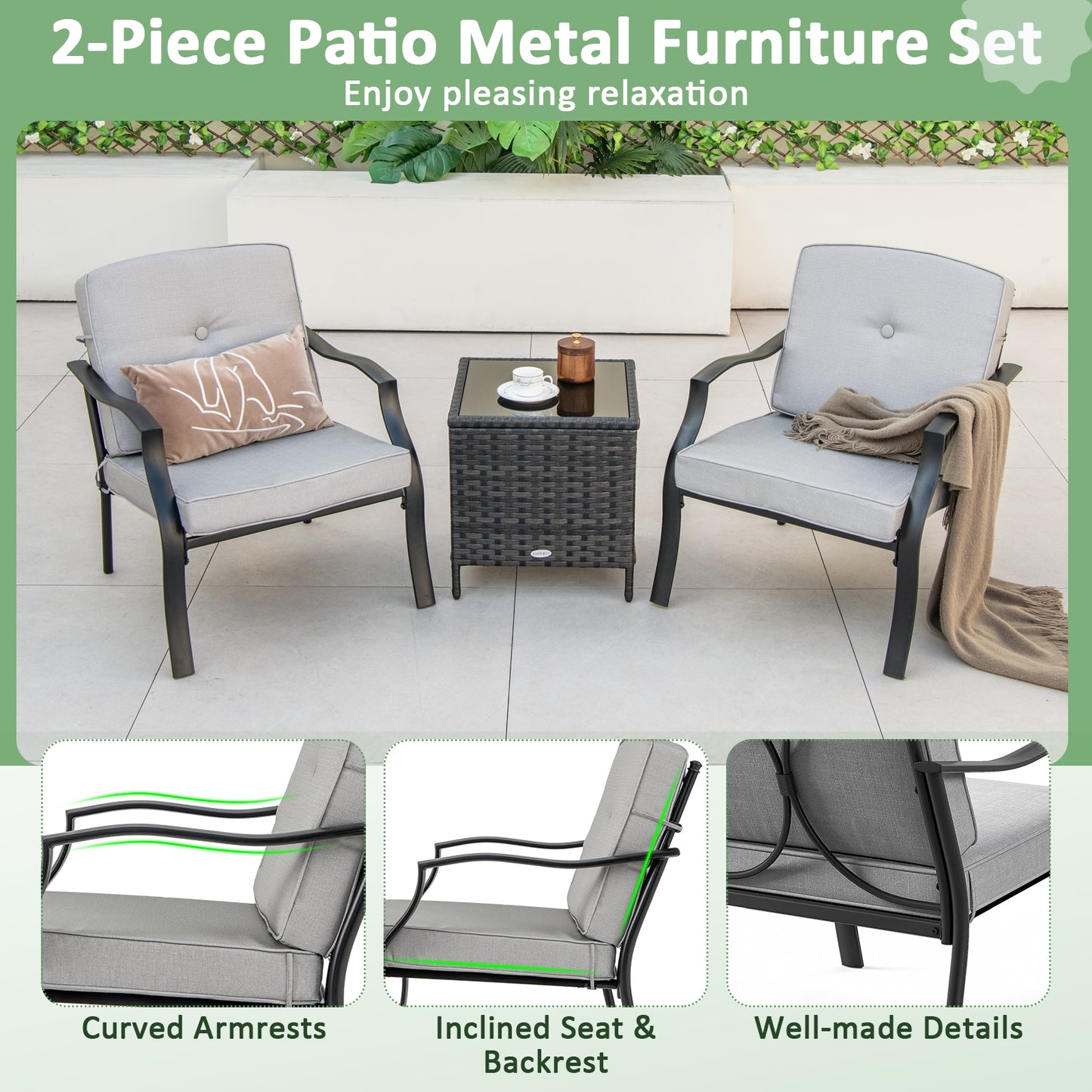 2 Piece Patio Metal Chairs with Seat and Back Cushions, Gray Patio Dining Chairs at Gallery Canada