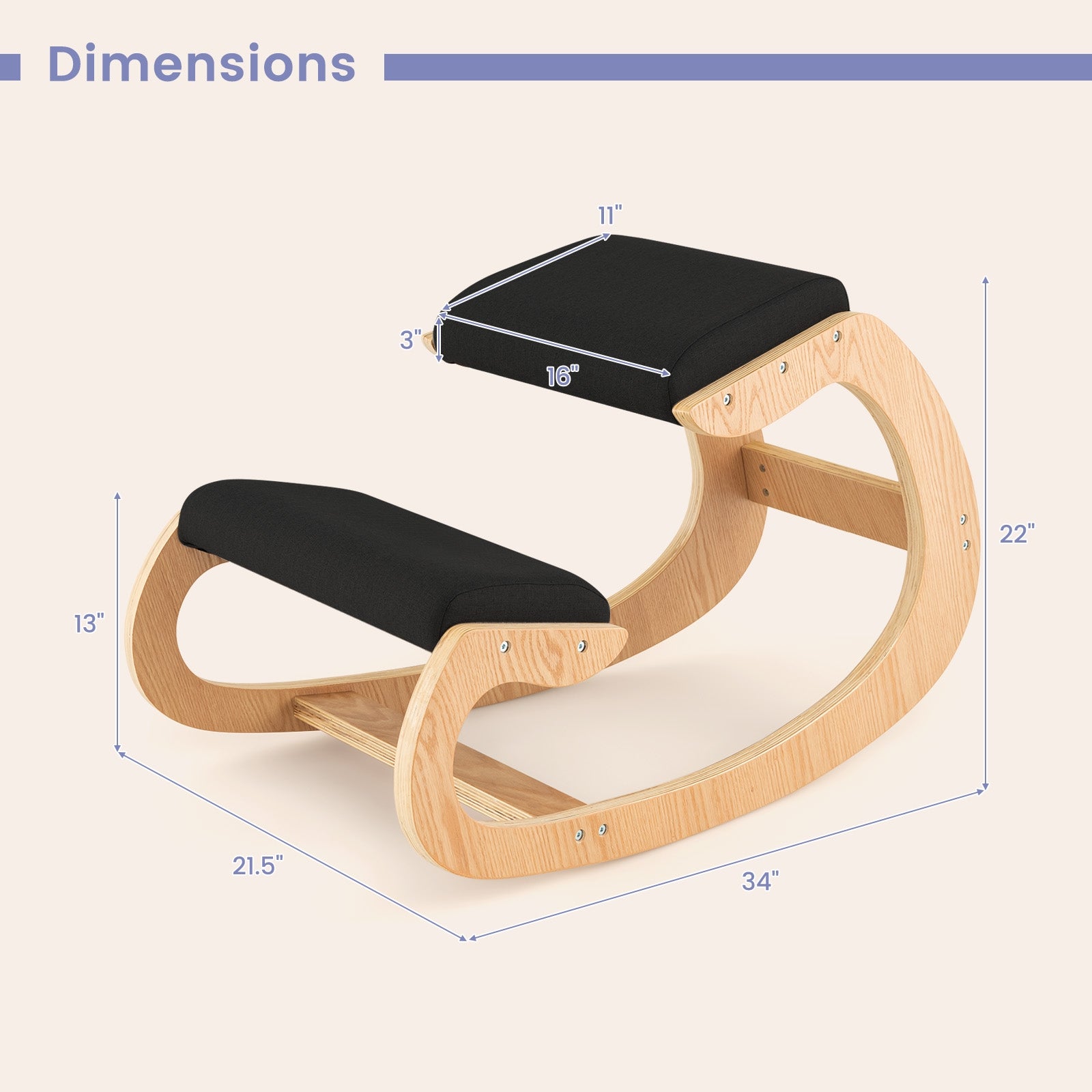 Wooden Rocking Chair with Comfortable Padded Seat Cushion and Knee Support, Black Kneeling Chiars at Gallery Canada