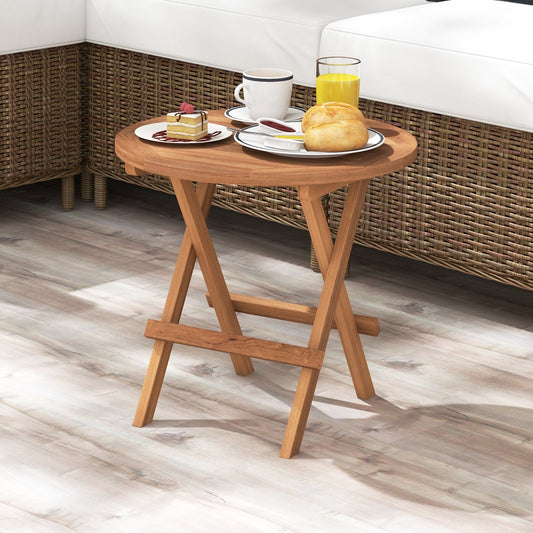 Round Patio Folding Coffee Table Indonesia Teak Wood with Slatted Tabletop, Natural - Gallery Canada