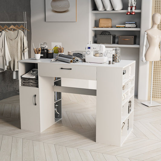 Counter Height Sewing Craft Table Computer Desk with Adjustable Shelves and Drawer, White - Gallery Canada