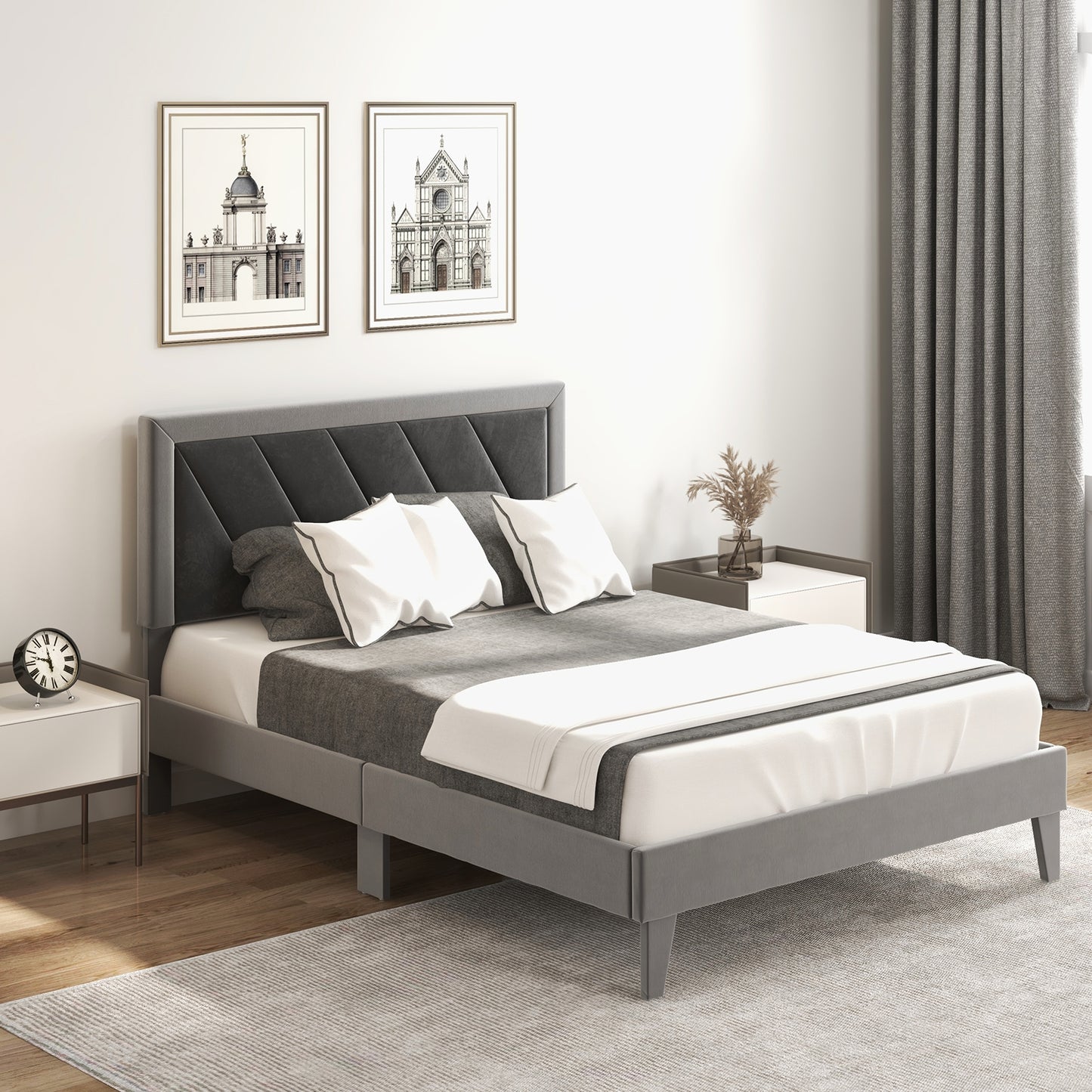 Twin/Full/Queen Platform Bed with High Headboard and Wooden Slats-Full Size, Black & Gray Simple Bed Frame at Gallery Canada