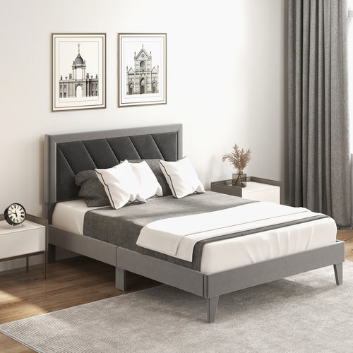 Twin/Full/Queen Platform Bed with High Headboard and Wooden Slats-Full Size, Black & Gray