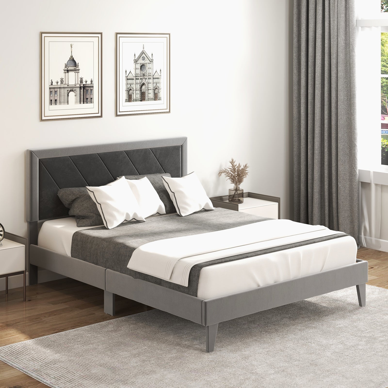 Twin/Full/Queen Platform Bed with High Headboard and Wooden Slats-Queen Size, Black & Gray Simple Bed Frame at Gallery Canada