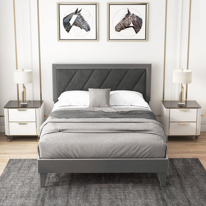 Twin/Full/Queen Platform Bed with High Headboard and Wooden Slats-Full Size, Black & Gray Simple Bed Frame at Gallery Canada