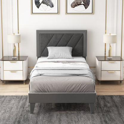 Twin/Full/Queen Platform Bed with High Headboard and Wooden Slats-Twin Size, Black & Gray - Gallery Canada