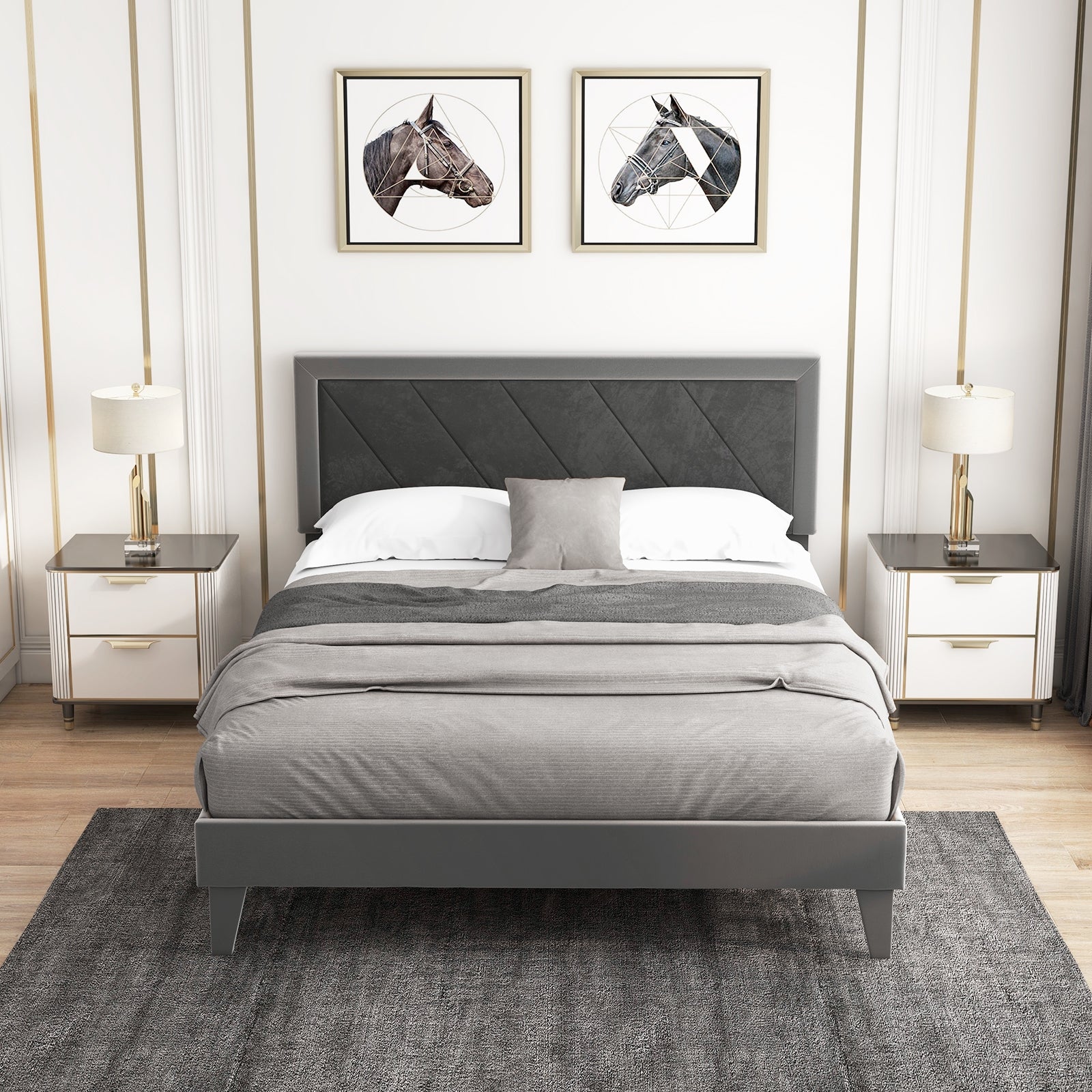 Twin/Full/Queen Platform Bed with High Headboard and Wooden Slats-Queen Size, Black & Gray Simple Bed Frame at Gallery Canada