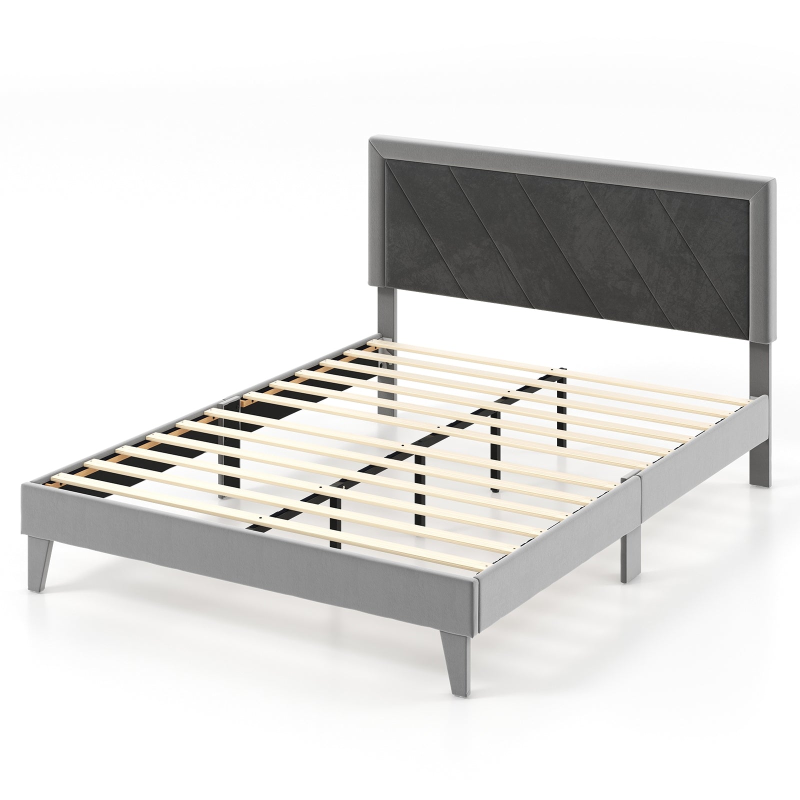 Twin/Full/Queen Platform Bed with High Headboard and Wooden Slats-Queen Size, Black & Gray Simple Bed Frame at Gallery Canada