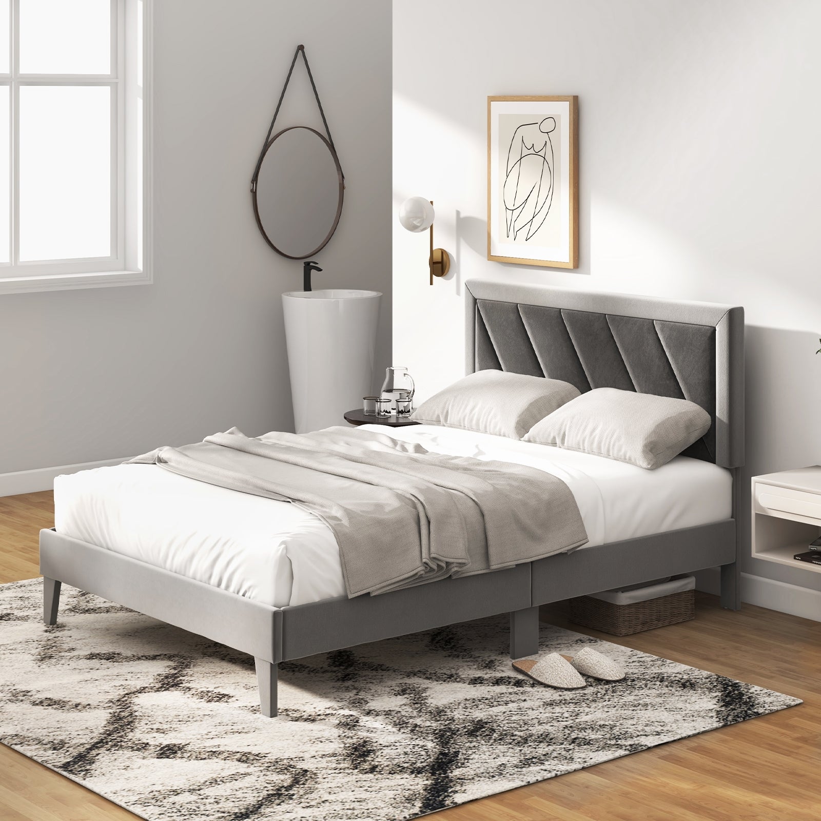 Twin/Full/Queen Platform Bed with High Headboard and Wooden Slats-Full Size, Black & Gray Simple Bed Frame at Gallery Canada