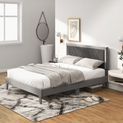 Twin/Full/Queen Platform Bed with High Headboard and Wooden Slats-Queen Size, Black & Gray Simple Bed Frame at Gallery Canada