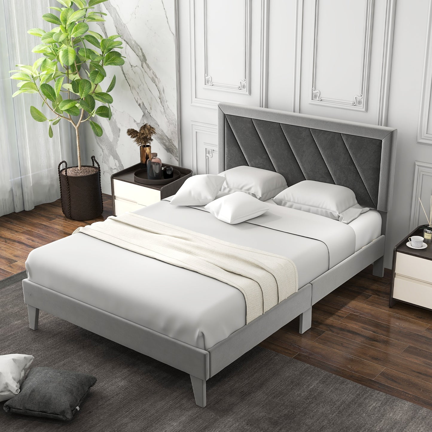 Twin/Full/Queen Platform Bed with High Headboard and Wooden Slats-Full Size, Black & Gray Simple Bed Frame at Gallery Canada