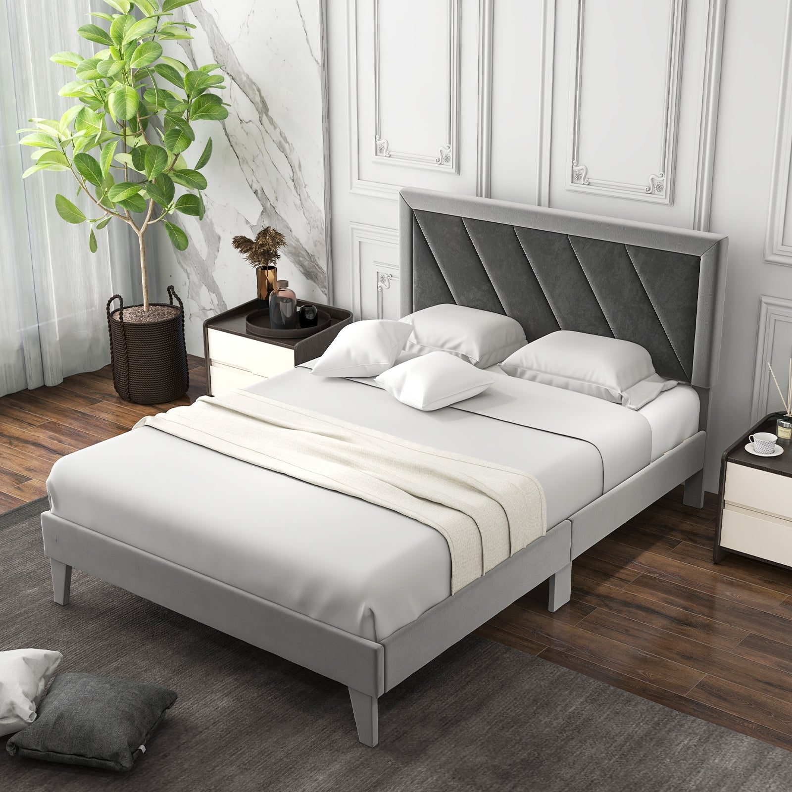 Twin/Full/Queen Platform Bed with High Headboard and Wooden Slats-Full Size, Black & Gray Simple Bed Frame at Gallery Canada